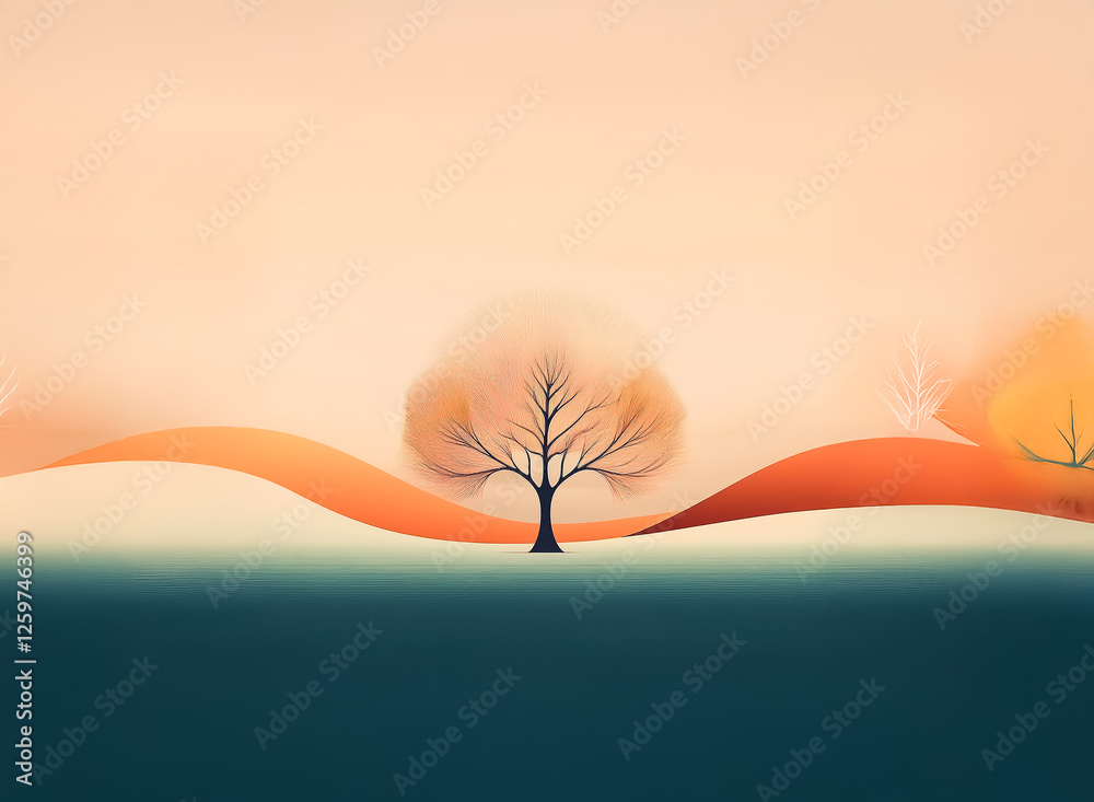 Poster minimalist landscape featuring a solitary tree in the center, silhouetted against a softly gradient 