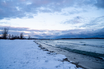 Snow-covered beach in winter.