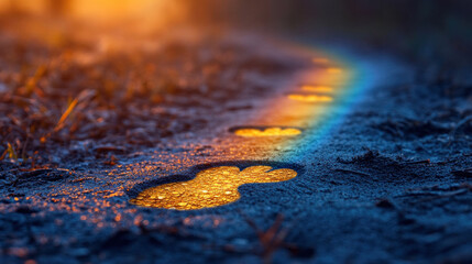 St. Patrick's Day leprechaun footprints leading to a pot of gold at a rainbow end