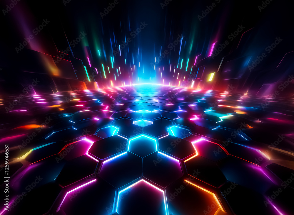 Leinwandbilder Vibrant neon lights illuminate a hexagonal grid floor in a perspective view, creating a futuristic and abstract scene against a dark backdrop.