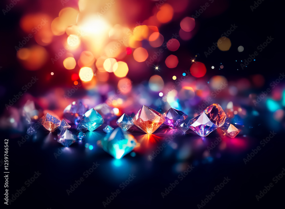 Poster Vibrant gems sparkle against a dark backdrop, illuminated by soft bokeh lights in warm hues. A dazzling display of precious stones creates a luxurious and festive atmosphere.
