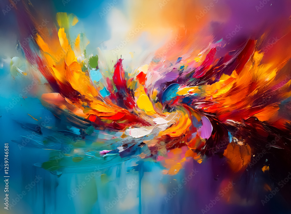 Poster abstract painting featuring dynamic swirling brushstrokes and a vibrant color palette. expressive an