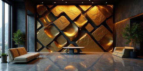 Modern Interior Design with Golden Wall Decor and Lounge Seating