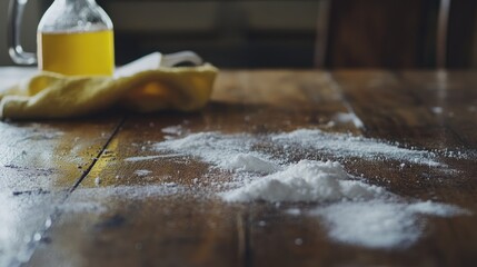 A DIY mold removal setup with baking soda, vinegar, and a cleaning cloth.