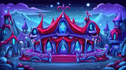 Vibrant And Colorful Fantasy Castle Surrounded By Mystic Mountains Under A Starry Night Sky