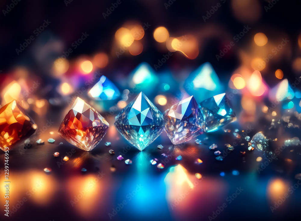 Poster sparkling gems in vibrant hues of blue, orange, and red catch the light against a blurred, bokeh-fil