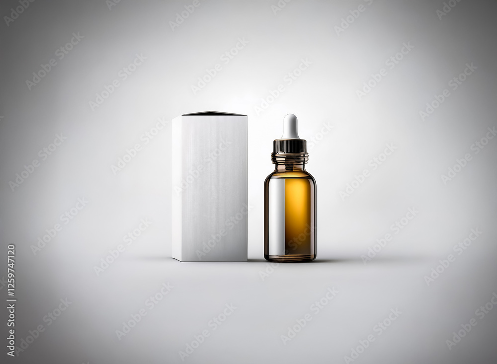 Poster A brown bottle with a dropper is placed beside a white box against a soft, neutral backdrop.  The setup suggests a product presentation or mockup for health or beauty items.
