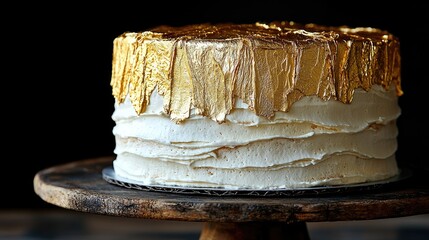 Elegant cake with golden frosting displayed on a rustic wooden stand against a dark background