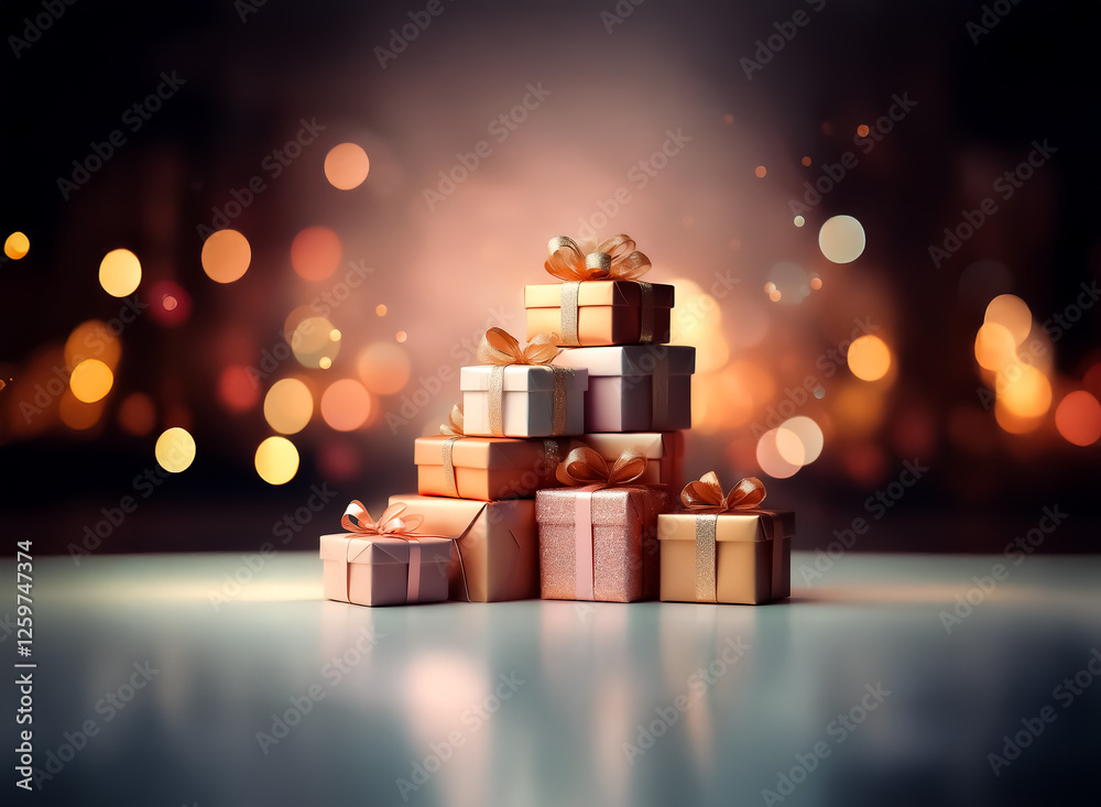 Poster a stack of elegant gift boxes tied with ribbons sits on a reflective surface against a backdrop of w