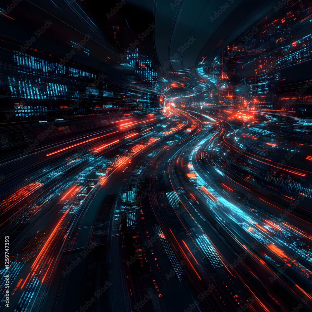 Poster digital cityscape: dynamic light trails weave through a futuristic city. the image has high-tech pat