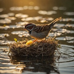 A sparrow building a flower-adorned nest, as golden light shimmers on the water below.
