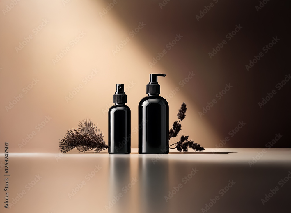 Poster elegant black bottles stand on a reflective surface against a soft gradient backdrop. minimalist cos