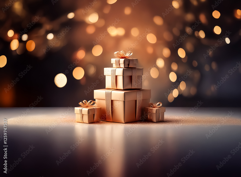 Poster golden gift boxes stacked on a reflective surface, illuminated by bokeh lights. creates a warm, fest