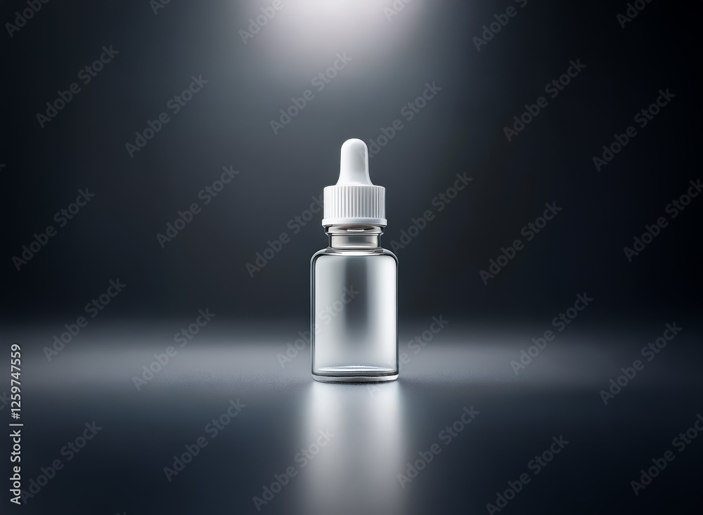 Poster a clear glass bottle with a white dropper cap is centrally positioned against a dark backdrop. a bri