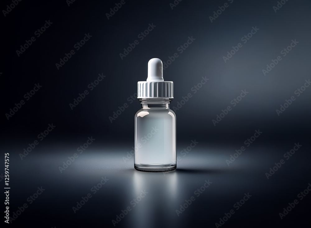 Poster Clear bottle with white dropper cap in spotlight. A simple and clean product shot against a dark background.