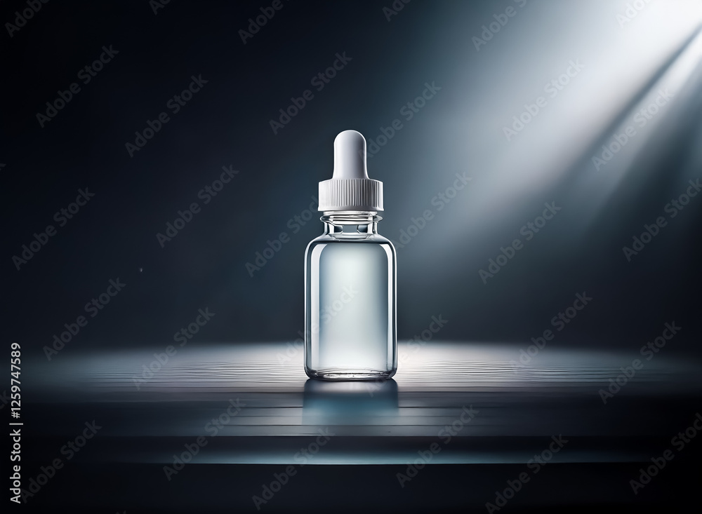 Poster Clear bottle with white dropper is illuminated by a bright spotlight against a dark backdrop. The bottle reflects light on a shiny surface.