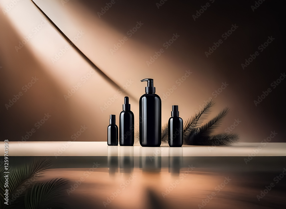 Poster sleek black bottles in varying sizes stand elegantly on a beige surface. a soft light beam highlight