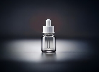 Clear glass bottle with a white dropper cap, isolated on a dark surface. Minimalist design for liquid products like serum or oil.