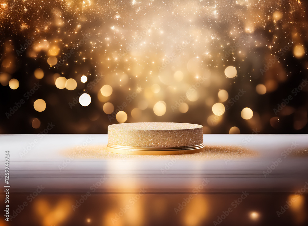 Poster a spotlight illuminates a round, golden podium on a reflective surface. sparkling bokeh lights creat