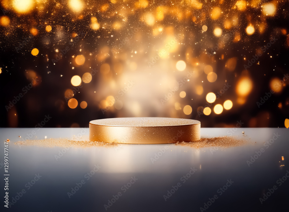 Poster golden podium on reflective surface under defocused golden bokeh lights creating festive, elegant at