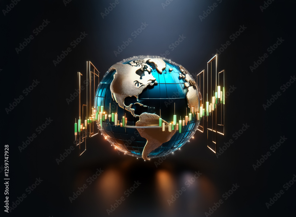 Fototapete Golden globe displaying financial data with a chart overlay, set against a dark backdrop and framed by golden geometric structures.