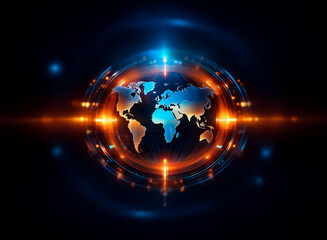 Obraz premium World map at center with radiating rings of blue and orange light. Futuristic, technological concept with a global network and digital feel.