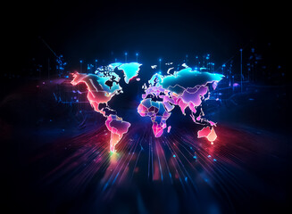 Fototapeta premium A vibrant, glowing world map rendered in neon colors is set against a dark backdrop. Bright lines radiate outwards, symbolizing global connections and futuristic tech.