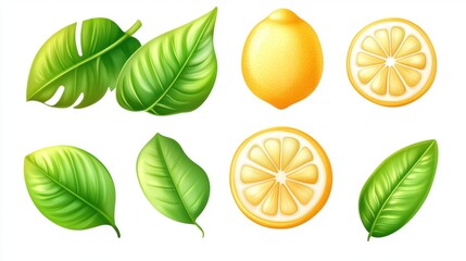 Collection of Bright Yellow Lemons and Fresh Green Leaves on a White Background