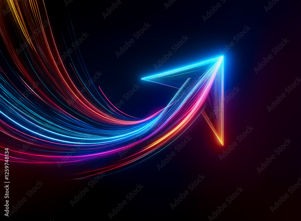 Aufkleber neon arrow points up with vibrant light streaks against a dark backdrop, suggesting forward motion a