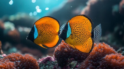 Obraz premium Two orange fish swim near coral reef. Underwater wildlife photography for marine conservation