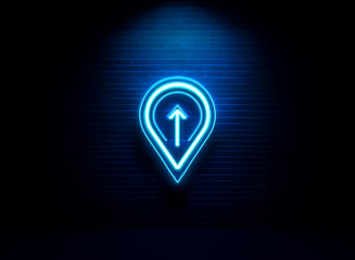 Neon blue location pin with an upward arrow glows against a dark brick wall, suggesting direction or location in a modern, digital style.