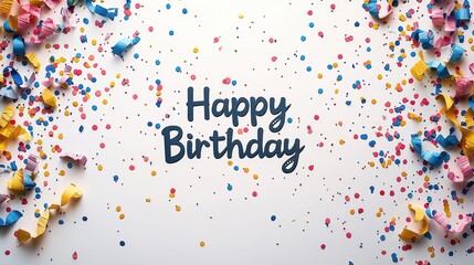 Festive birthday celebration scene with colorful confetti and cheerful message on a white background