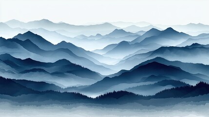 Serene mountain landscape with layered peaks and misty valleys, evoking tranquility and nature's beauty
