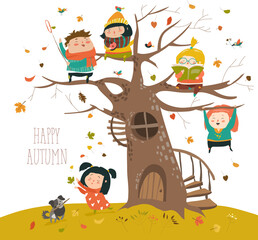Happy children sitting on tree in autumn park. Vector illustration