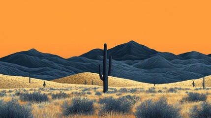 Vibrant desert landscape at sunset featuring cacti, mountains, and an orange sky backdrop