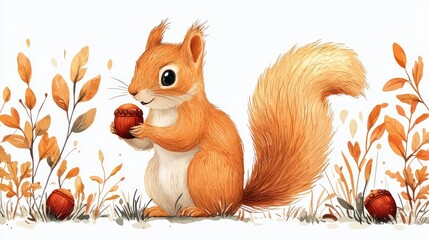 A cheerful squirrel holding an acorn amidst vibrant autumn foliage in a serene forest setting