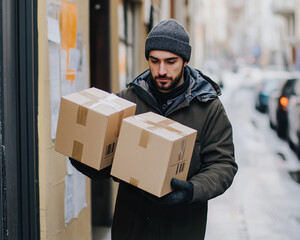 Delivery Worker Carrying Packages on a Winter Street, Perfect for E-commerce and Courier Service Promotions