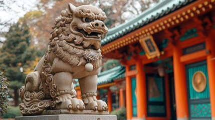 Obraz premium Stone lion guardian at autumn temple, Japan