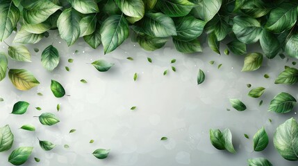 Lush Green Leaves Surrounding a Soft Background with Floating Petals, Ideal for Nature Themes