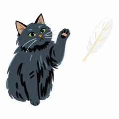 Illustration of a Black Cat Pawing at a Floating Feather, Great for Playful and Dynamic Pet Designs © Mega