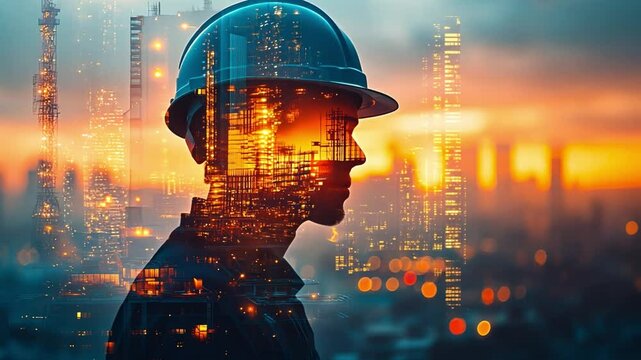 Industrial Strength: A powerful double exposure image captures a construction worker with a hard hat,  silhouetted against a backdrop of a busy industrial cityscape at dusk.