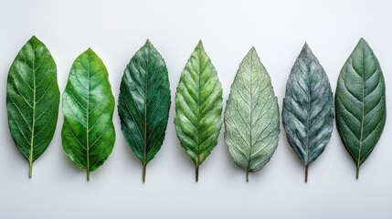 A vibrant arrangement of diverse leaves showcasing various shades and textures on a light background