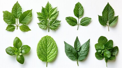 A diverse arrangement of green leaves showcasing various shapes and textures on a white background