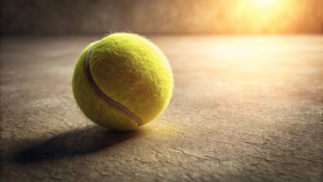 A single tennis ball rests on a textured surface, bathed in warm sunlight, casting a soft shadow; a moment of quiet intensity before the game begins