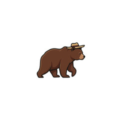 Illustration of a Brown Bear Wearing a Hat Walking in Side Profile