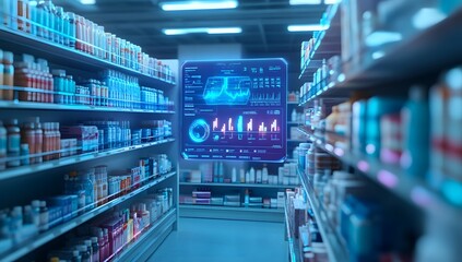 Futuristic pharmacy aisle with interactive display