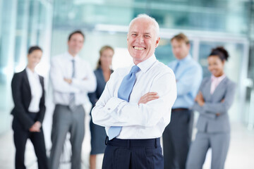 Portrait, laughing and mature man with arms crossed, CEO and leader for corporate company and...