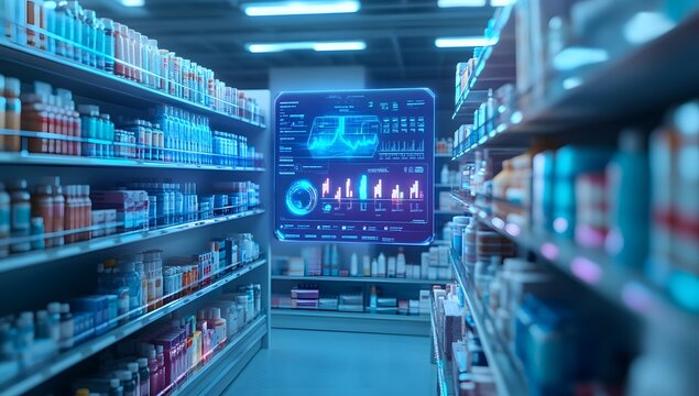 Futuristic pharmacy aisle with interactive display