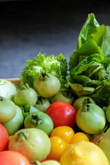Vegetables in a basket on a dark background. Healthy food.