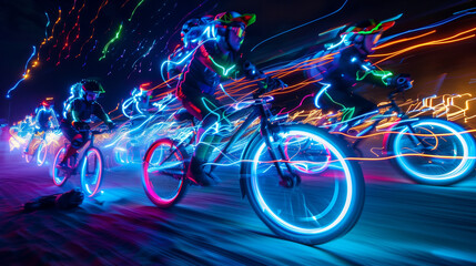 Obraz premium A festival where people ride glowing bicycles through the air, lighting up the night with vibrant trails of neon light, creating a magical and futuristic atmosphere.